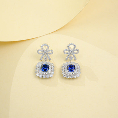 S925 Silver Full Diamond Bow Drop Earrings, Square Halo Lab - Photo 3