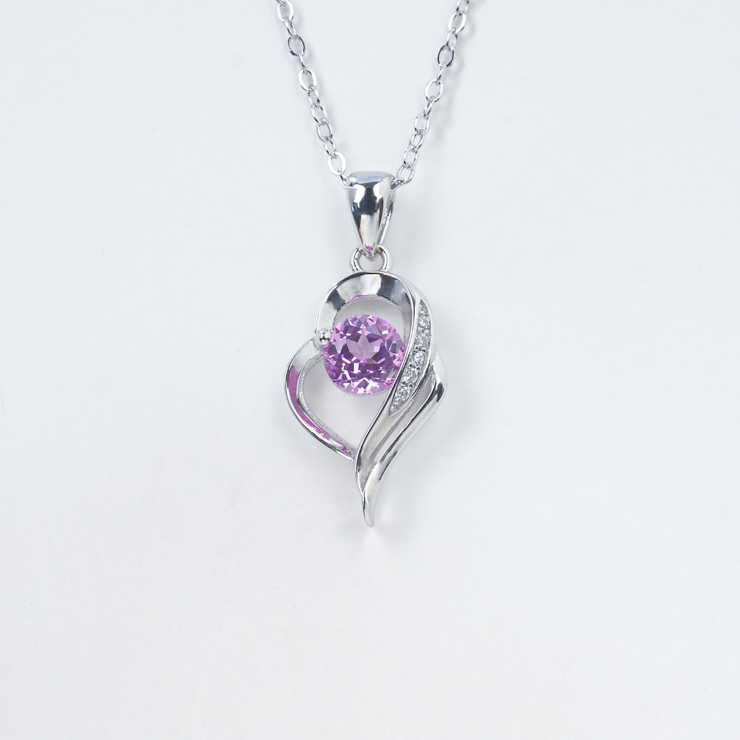 Heart Pink Gemstone Silver Necklace, Diamond Heart Pendant - Photo 4