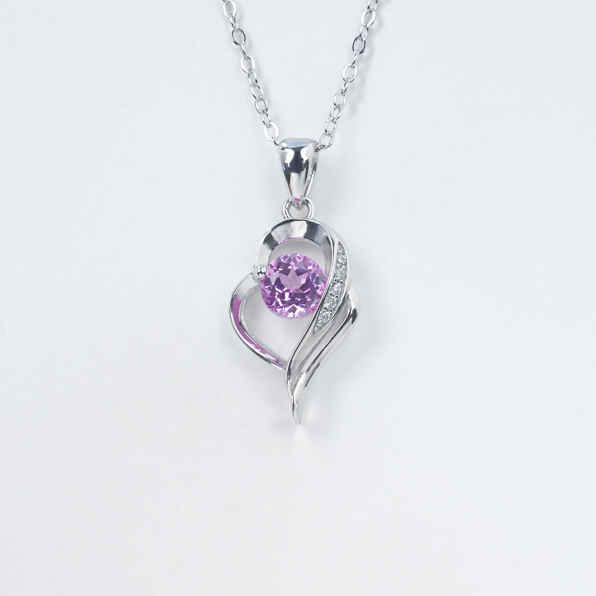Heart Pink Gemstone Silver Necklace, Diamond Heart Pendant - Photo 4