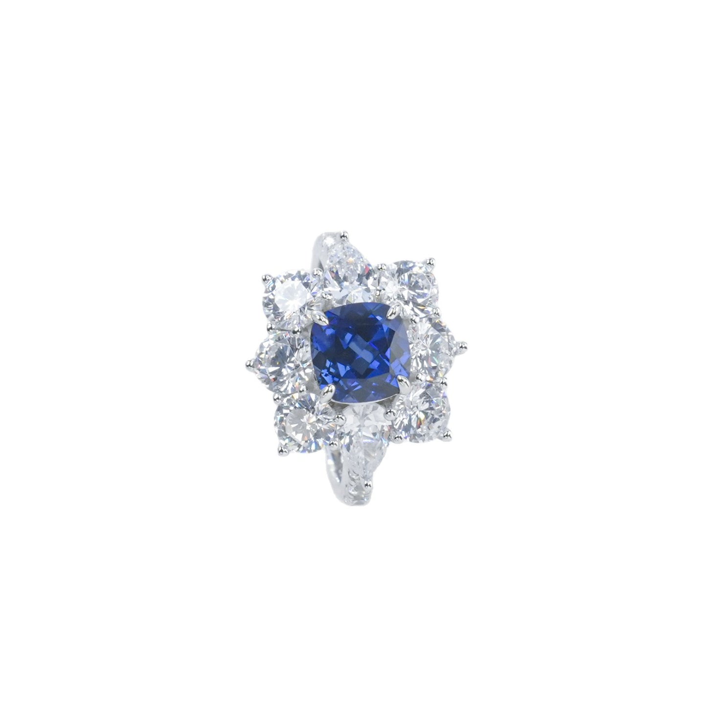 S925 Sterling Silver Lab Sapphire Ring Halo Diamond, Versatile Jewellery Premium - Photo 5