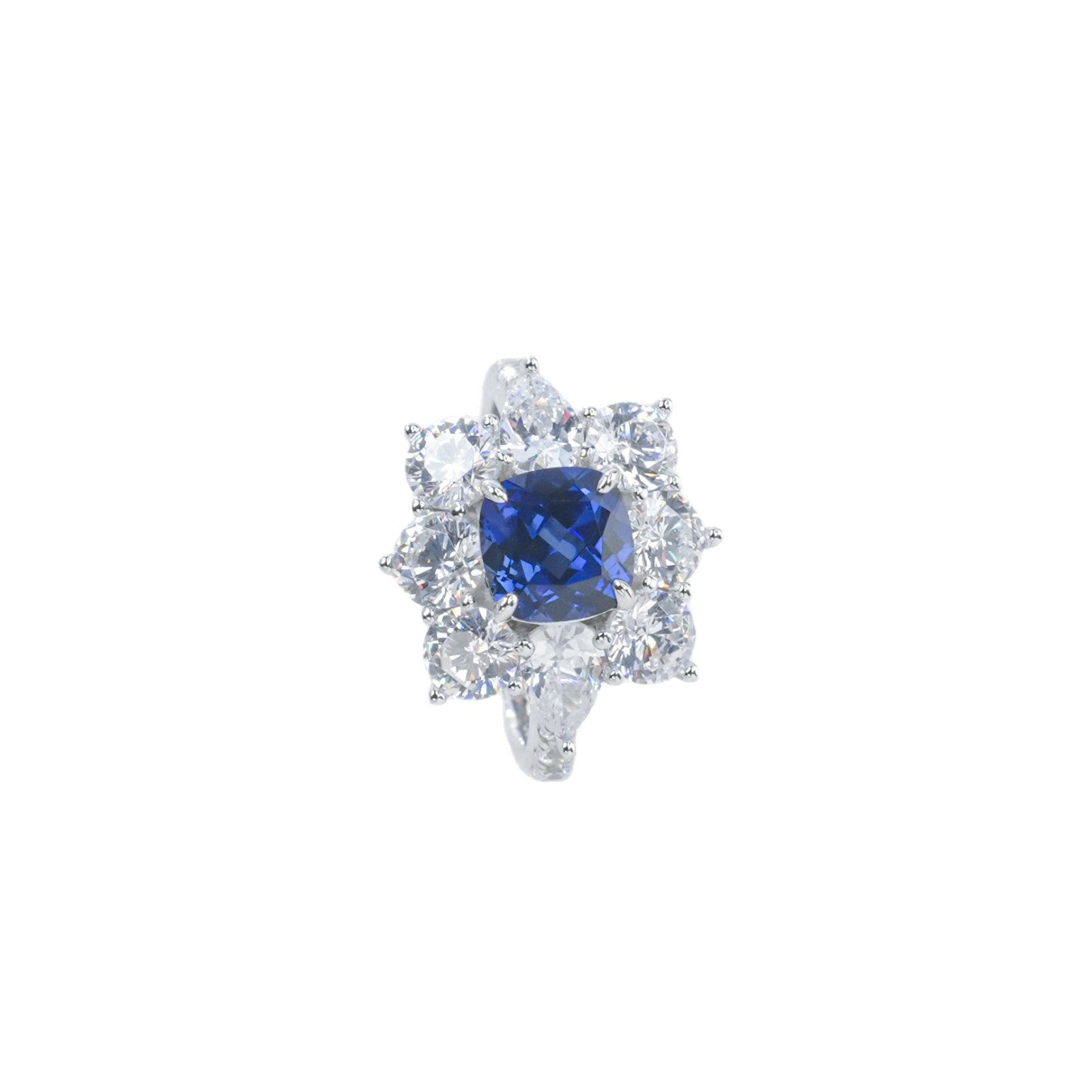 S925 Sterling Silver Lab Sapphire Ring Halo Diamond, Versatile Jewellery Premium - Photo 5