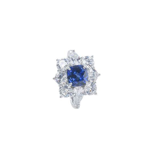 S925 Sterling Silver Lab Sapphire Ring Halo Diamond, Versatile Jewellery Premium - Photo 5