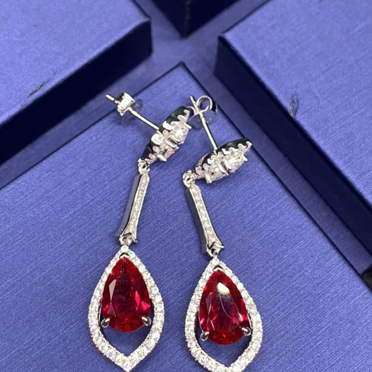 S925 Silver Teardrop Hollow Ruby Long Drop Earrings, Vintage Evening Premium - Photo 2