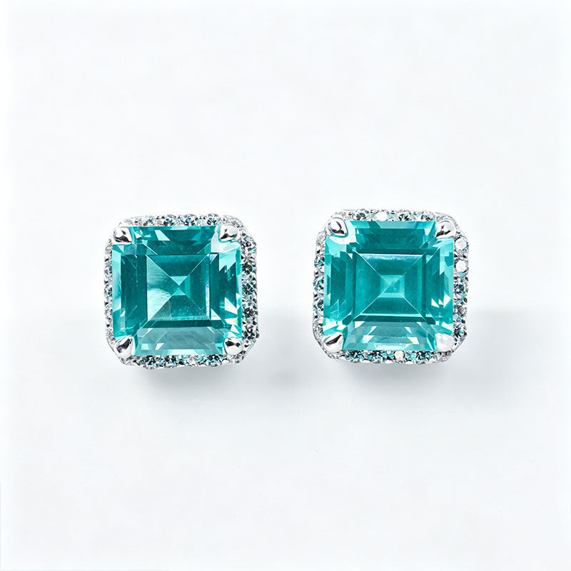 S925 Silver Cushion Square Lab Paraiba Tsavorite Full Diamond Halo Stud Earrings, Fresh Gentle - Photo 5