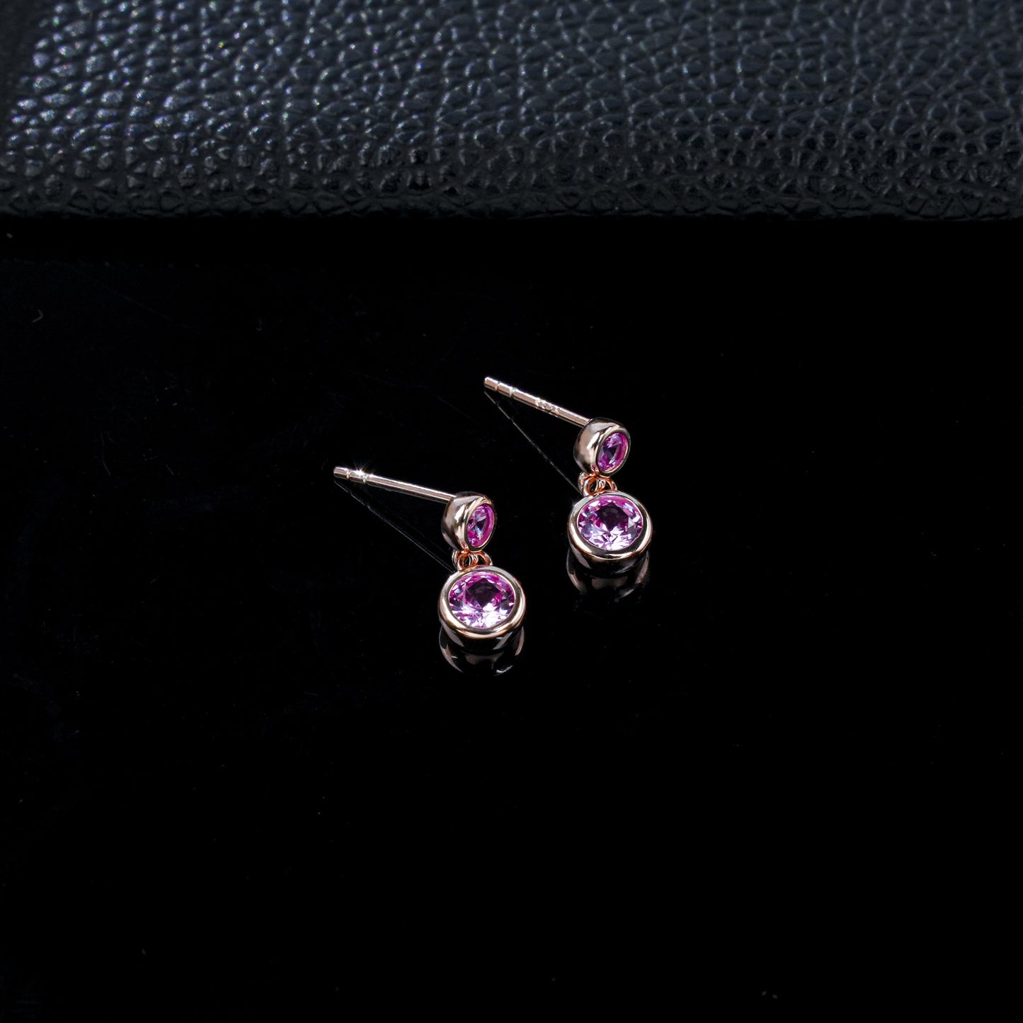 S925 Silver Double Round Bezel Pink Sapphire Stud Earrings, Rose Gold - Photo 3