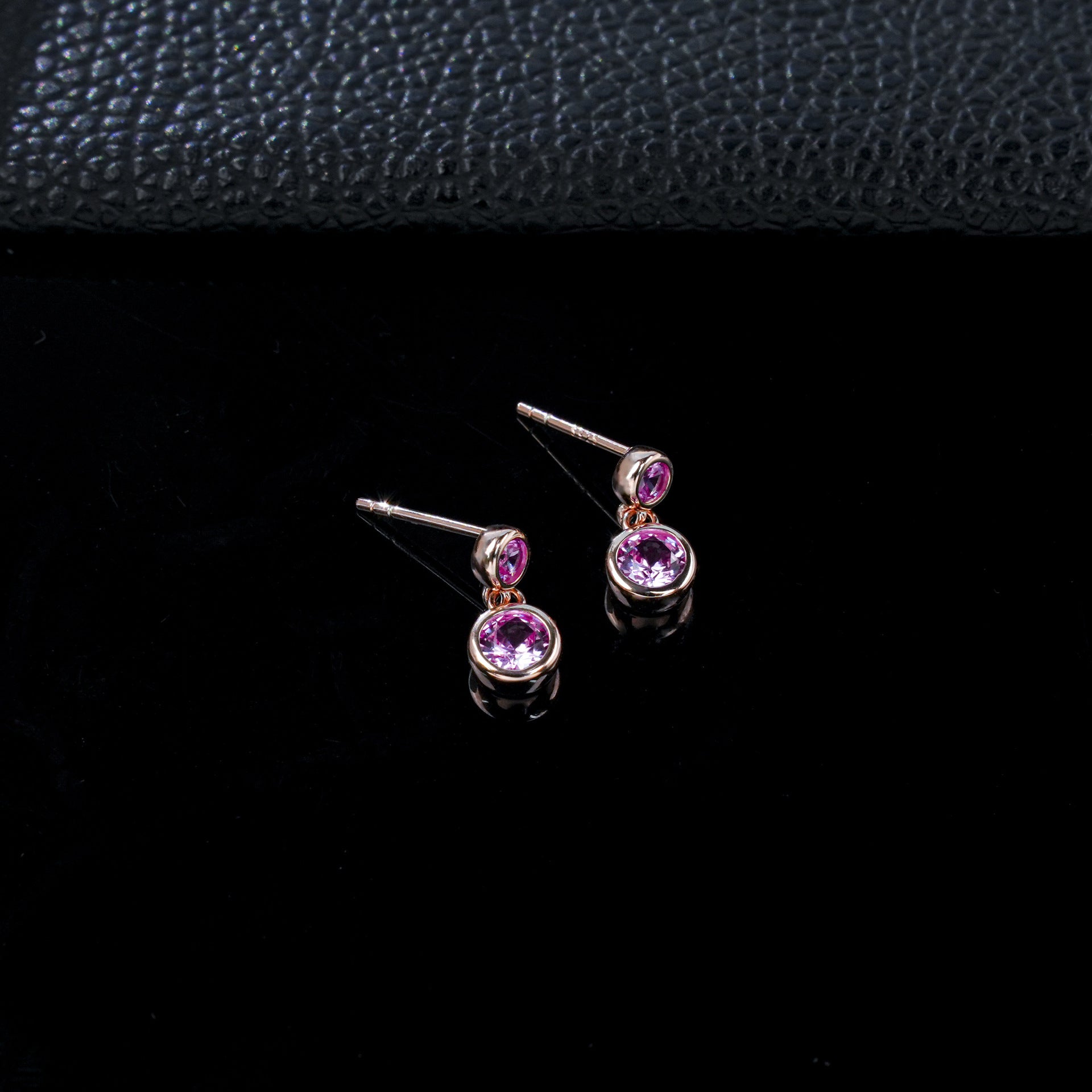 S925 Silver Double Round Bezel Pink Sapphire Stud Earrings, Rose Gold - Photo 3