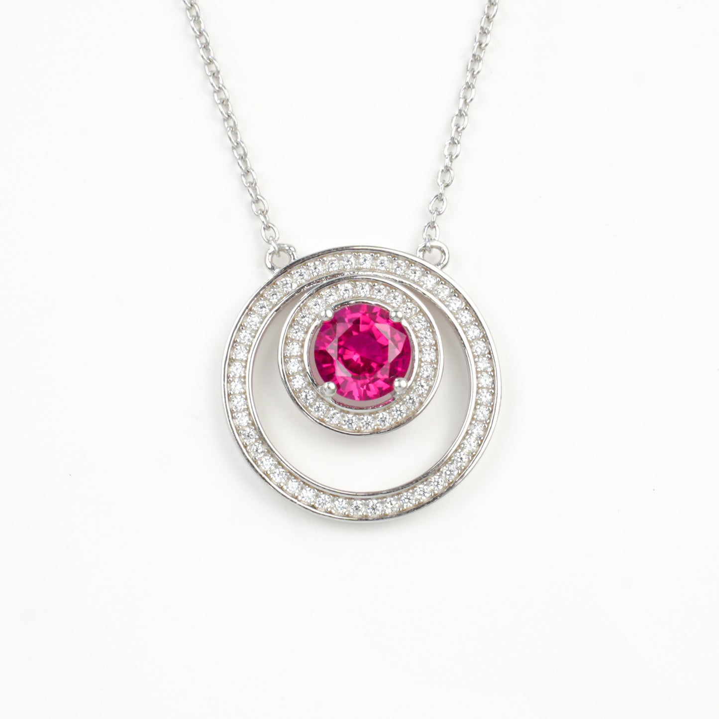 S925 Sterling Silver Lab Ruby Double-Ring Halo Pendant Necklace, Premium Jewellery - Photo 5