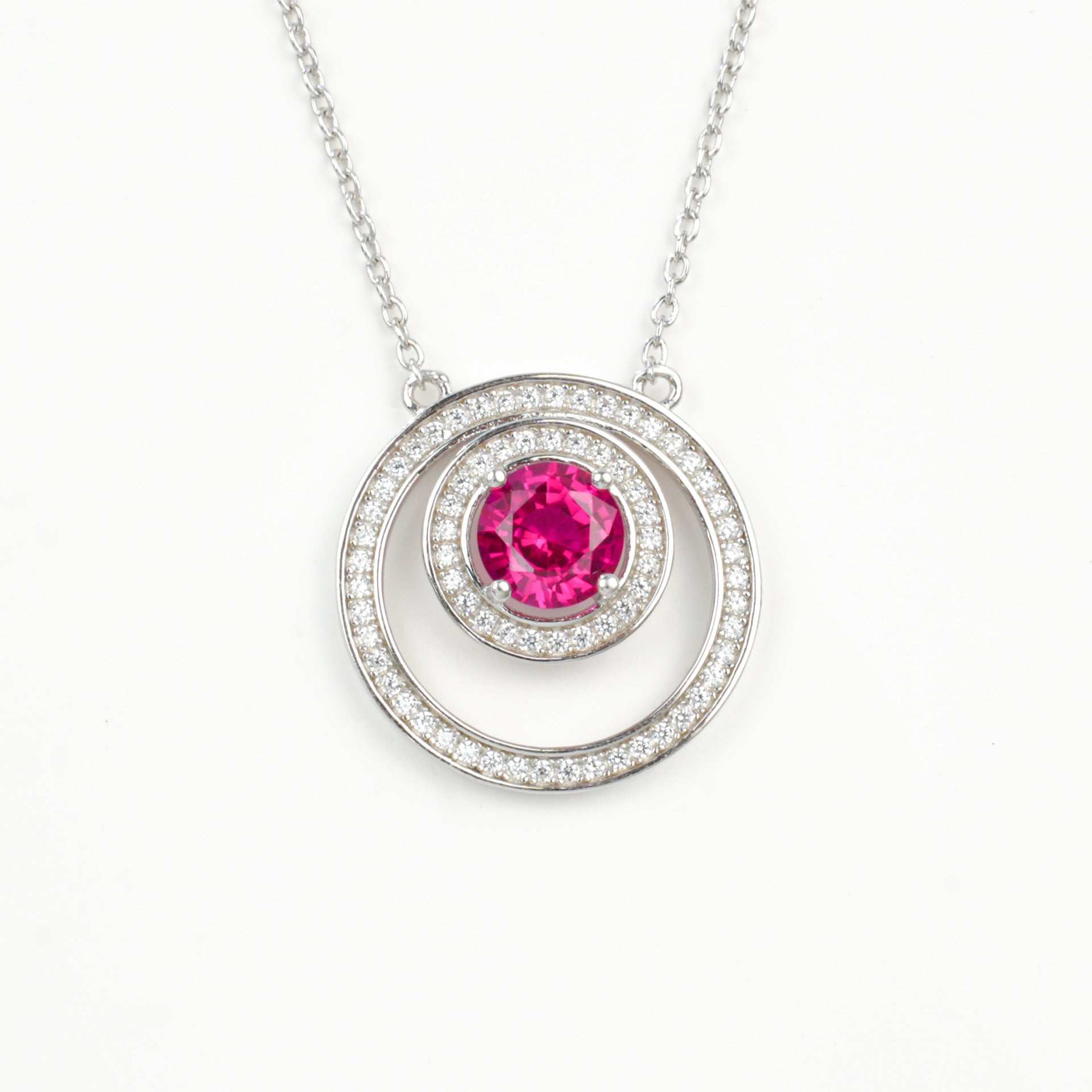 S925 Sterling Silver Lab Ruby Double-Ring Halo Pendant Necklace, Premium Jewellery - Photo 5