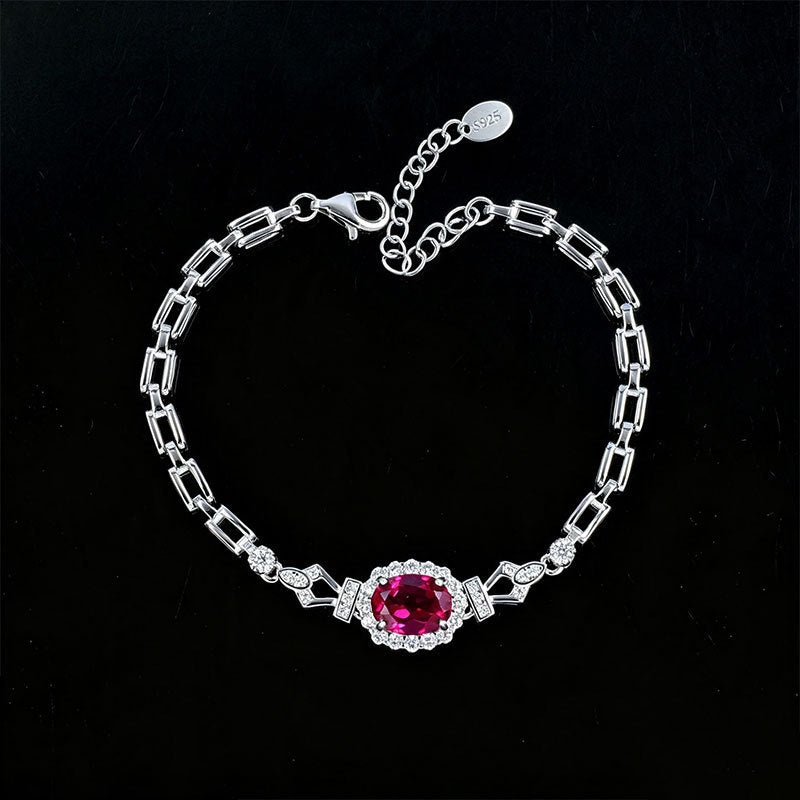 S925 Silver Oval Lab Ruby Bracelet, Full Diamond Halo - Photo 4