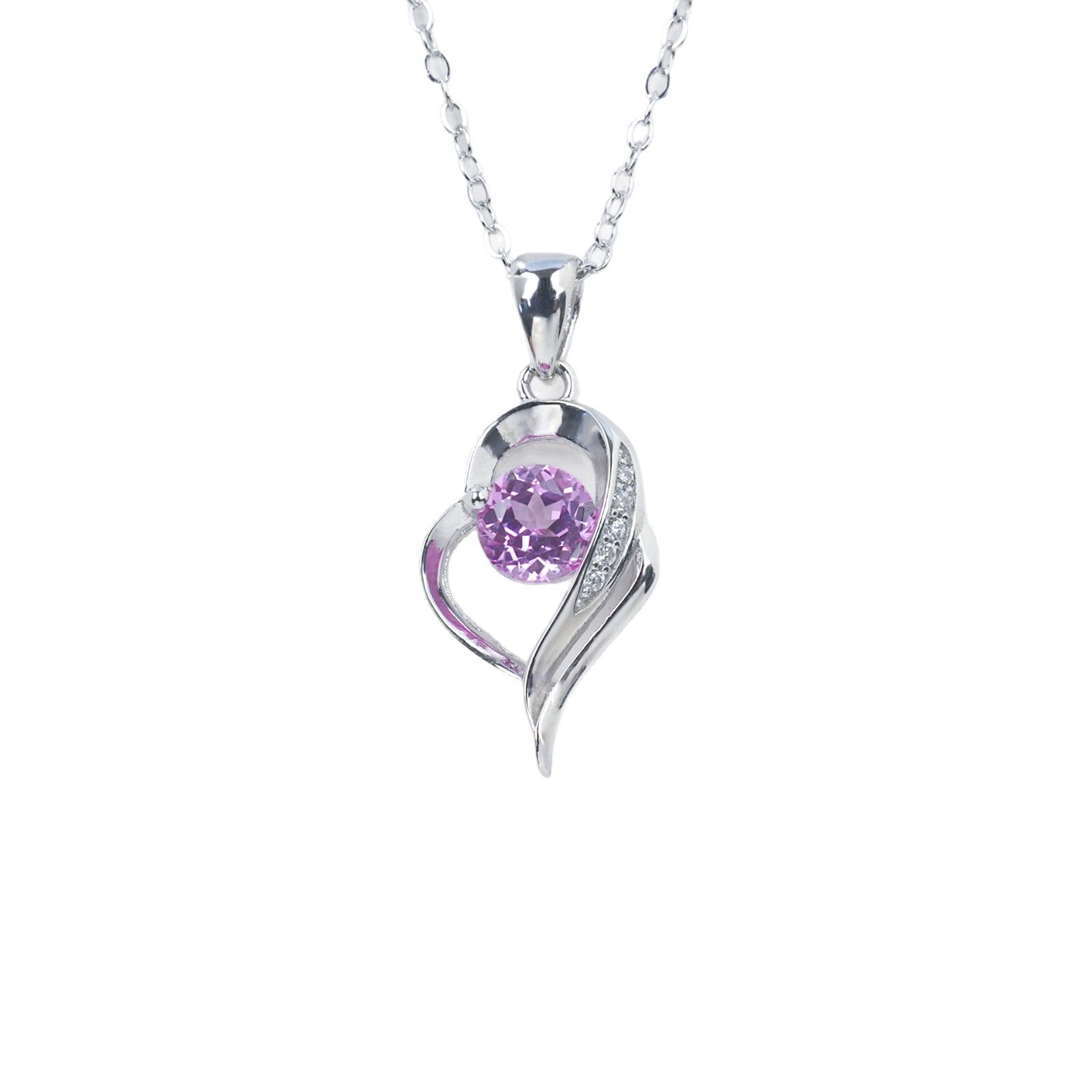 Heart Pink Gemstone Silver Necklace, Diamond Heart Pendant - Photo 5