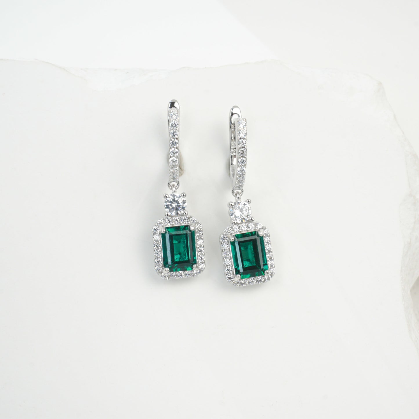 925 Sterling Silver Lab Emerald Square Earrings, French Vintage - Photo 3