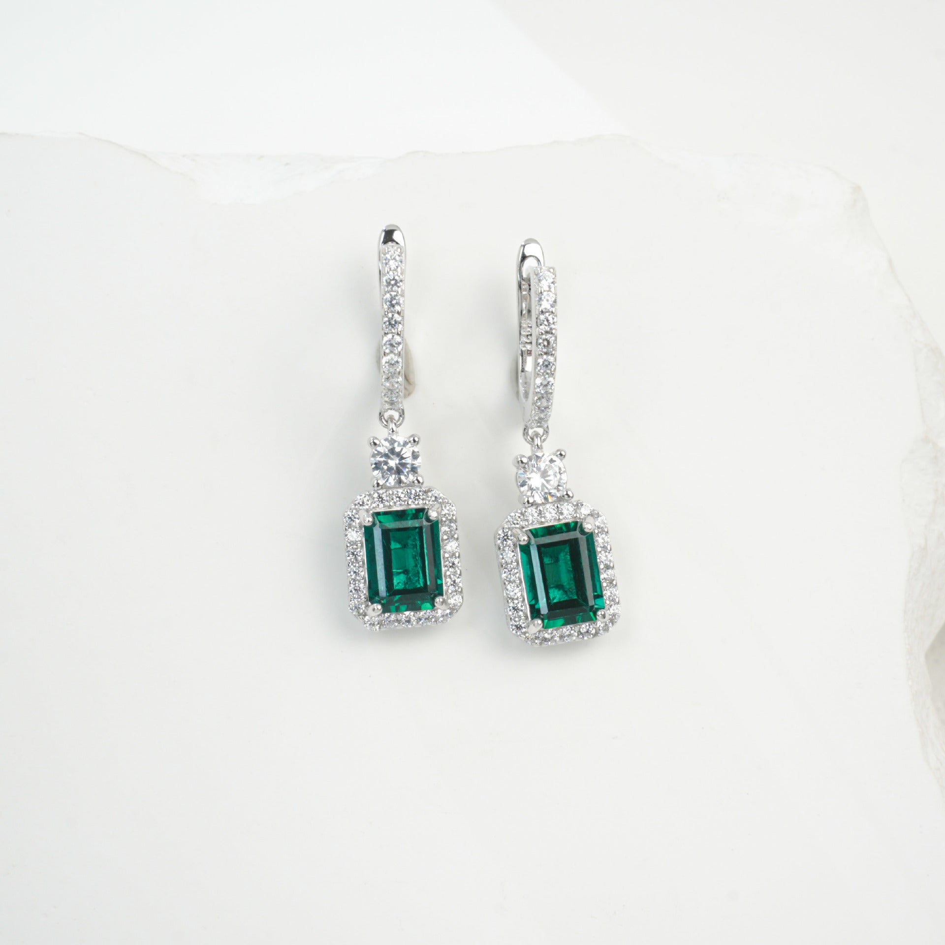 925 Sterling Silver Lab Emerald Square Earrings, French Vintage - Photo 3
