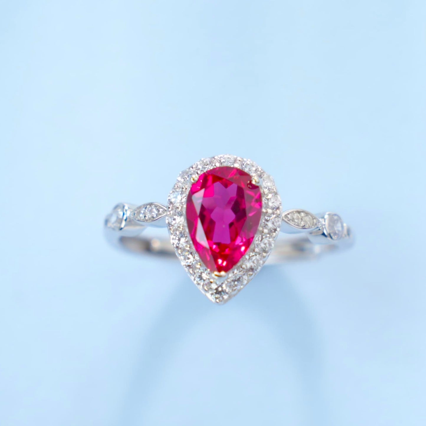 S925 Sterling Silver Lab Ruby Teardrop Pave Pear Ring, for Women - Photo 6
