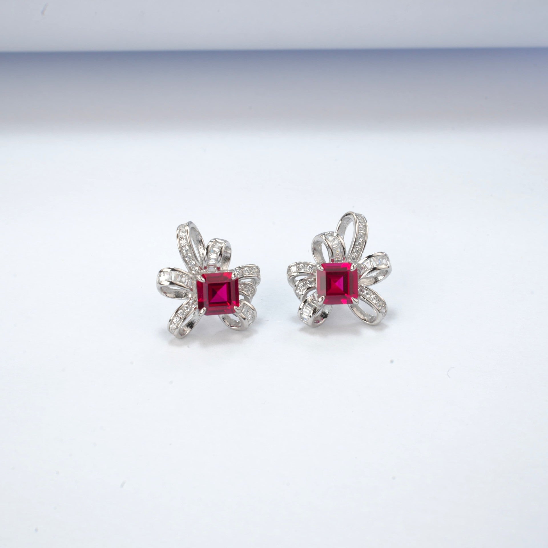 925 Sterling Silver Lab Ruby Earrings, Premium Designer - Photo 3