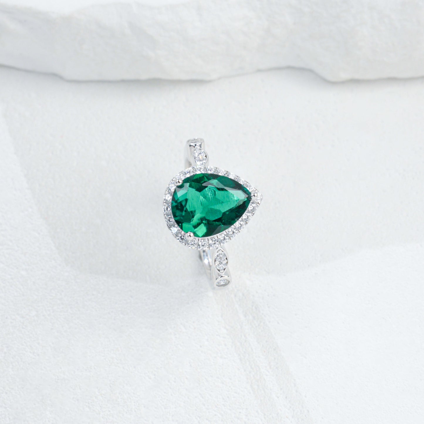 Teardrop Lab Emerald Ring 925 Silver Diamond Design, Premium Proposal Engagement - Photo 6
