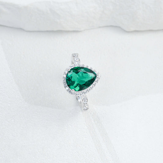 Teardrop Lab Emerald Ring 925 Silver Diamond Design, Premium Proposal Engagement - Photo 6