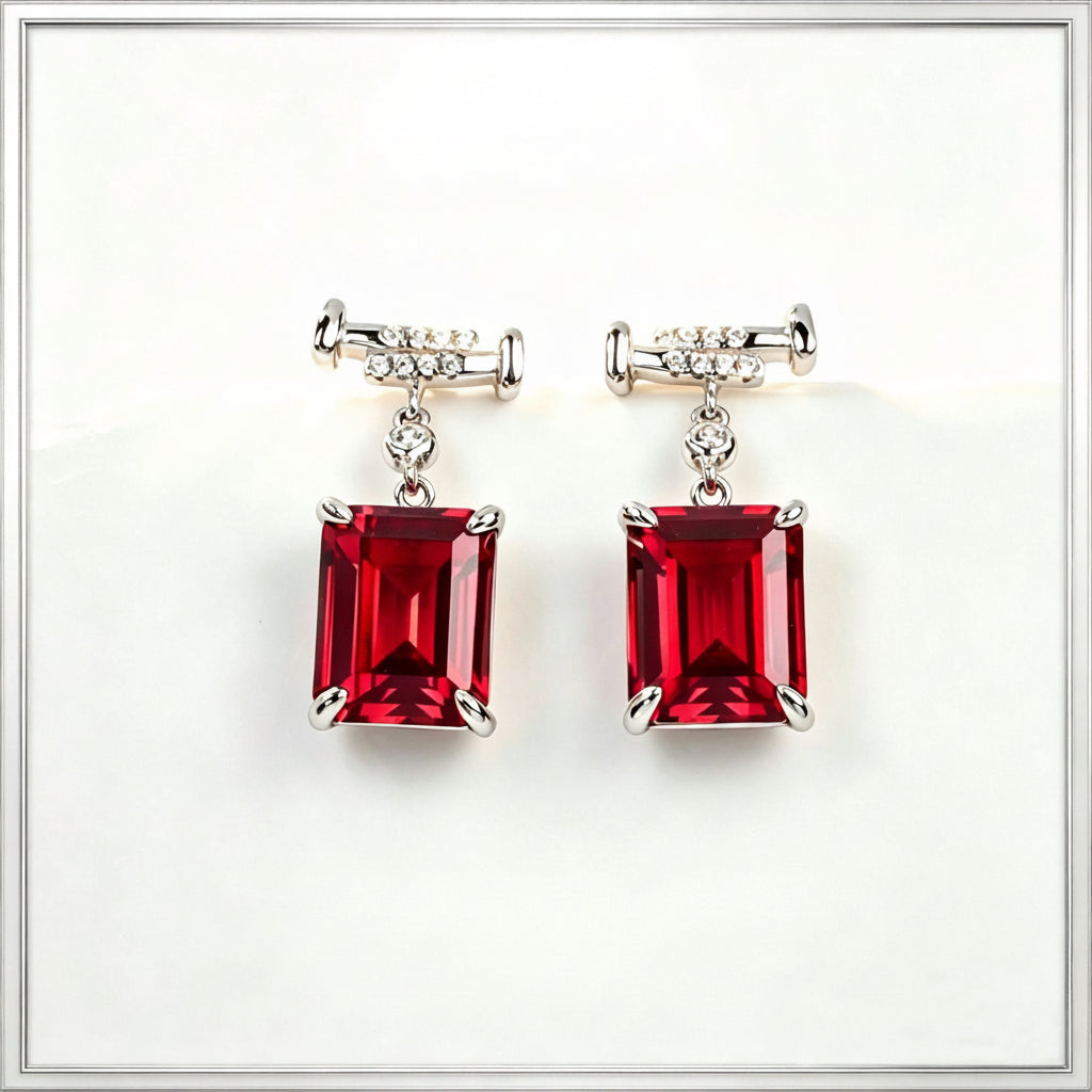 S925 Sterling Silver Lab Ruby Rectangular Earrings, Premium - Photo 1