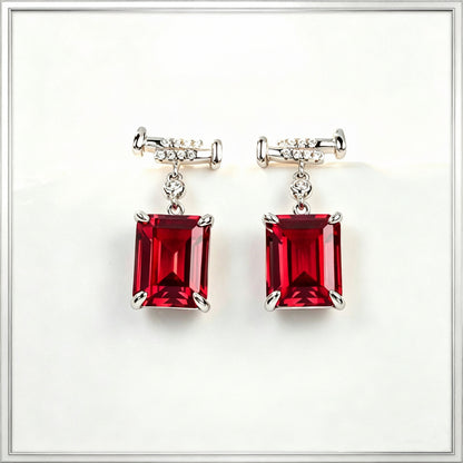 S925 Sterling Silver Lab Ruby Rectangular Earrings, Premium - Photo 1
