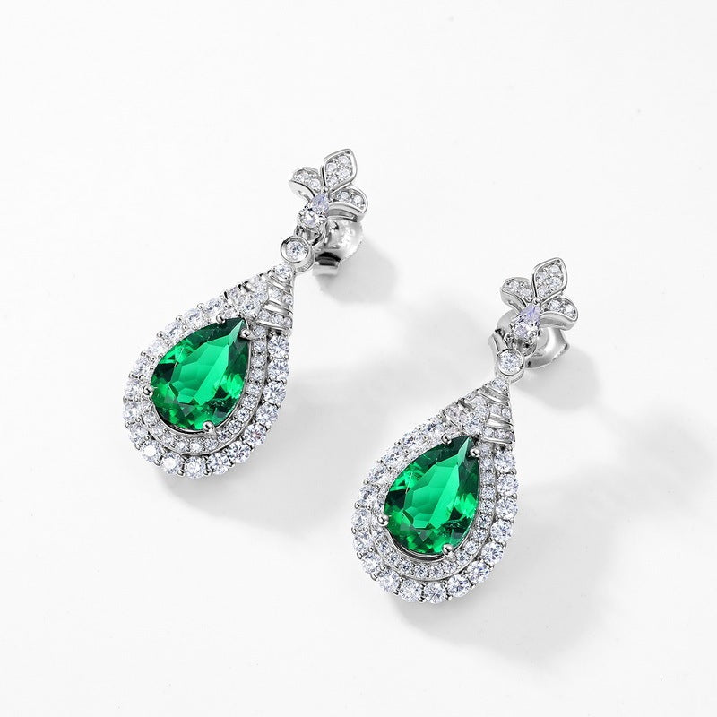 S925 Sterling Silver Lab Emerald Stud Earrings, Teardrop Sparkling Diamond - Photo 5