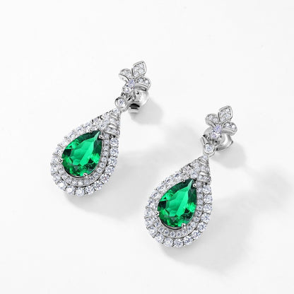 S925 Sterling Silver Lab Emerald Stud Earrings, Teardrop Sparkling Diamond - Photo 5