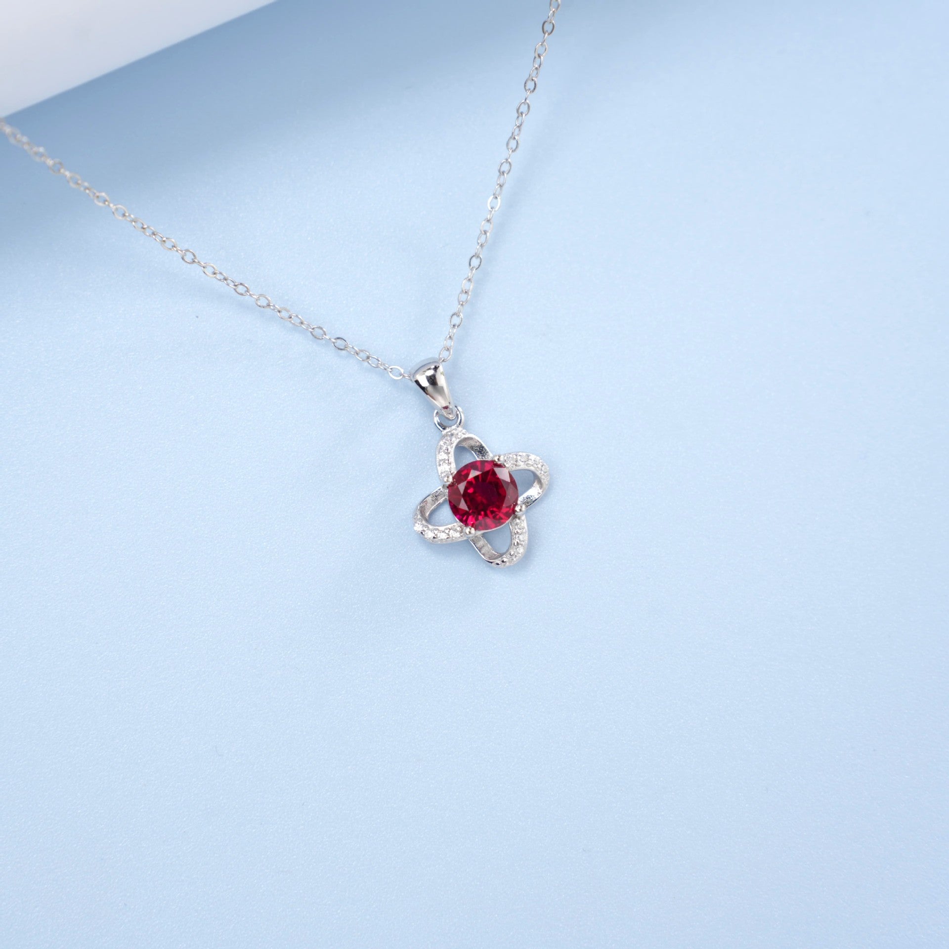 S925 Sterling Silver Lab Ruby Four-Leaf Clover Pendant Choker Necklace, Girlfriend Gift - Photo 2