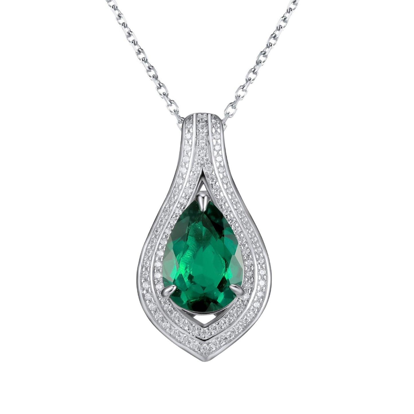 S925 Sterling Silver Lab Emerald Teardrop Pave Halo Necklace, for Women - Photo 5