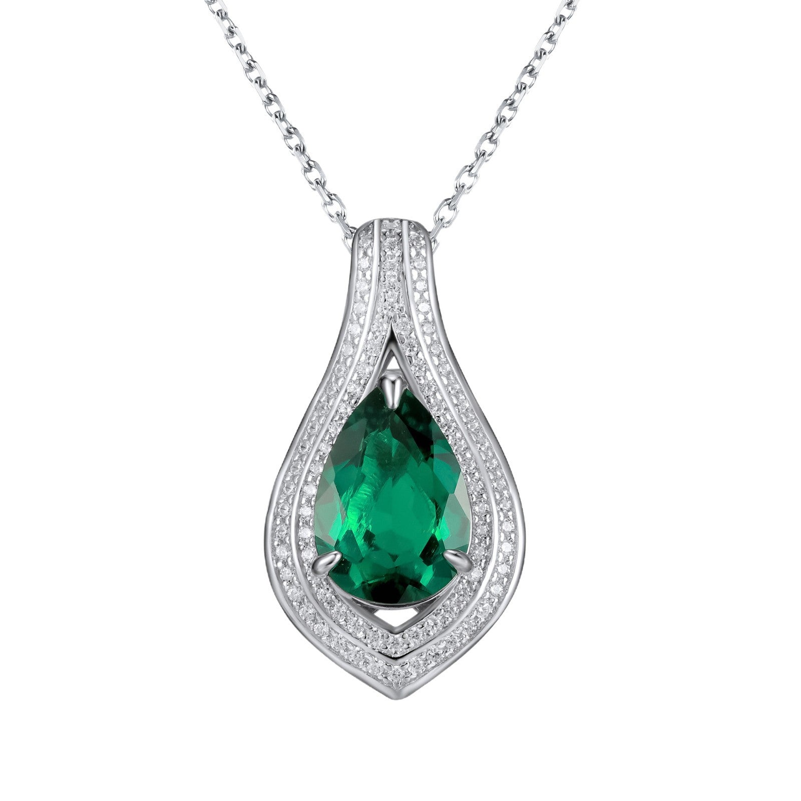 S925 Sterling Silver Lab Emerald Teardrop Pave Halo Necklace, for Women - Photo 5