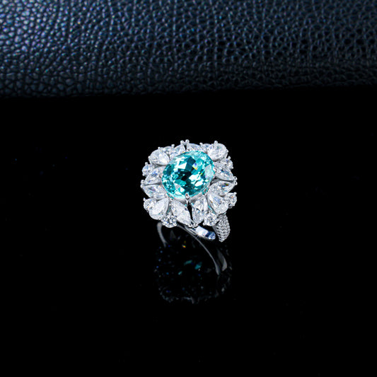 S925 Silver Oval Lab Paraiba Tsavorite Full Pear Diamond Halo Ring, Evening - Photo 3