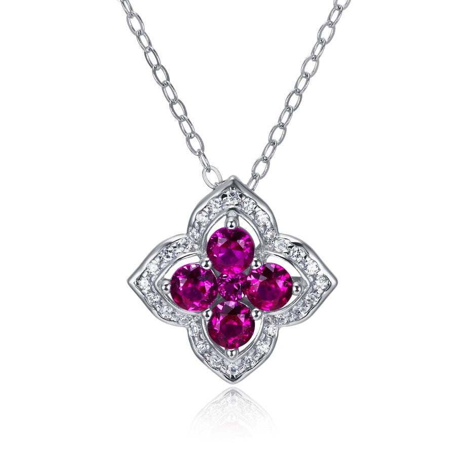 Lab Ruby Necklace S925 Sterling Silver Sparkling Four-Leaf Clover, Sweet - Photo 6