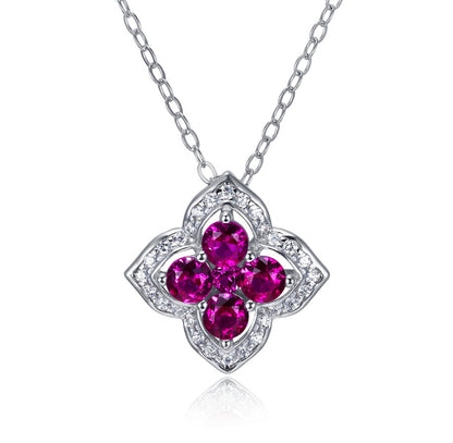 Lab Ruby Necklace S925 Sterling Silver Sparkling Four-Leaf Clover, Sweet - Photo 6