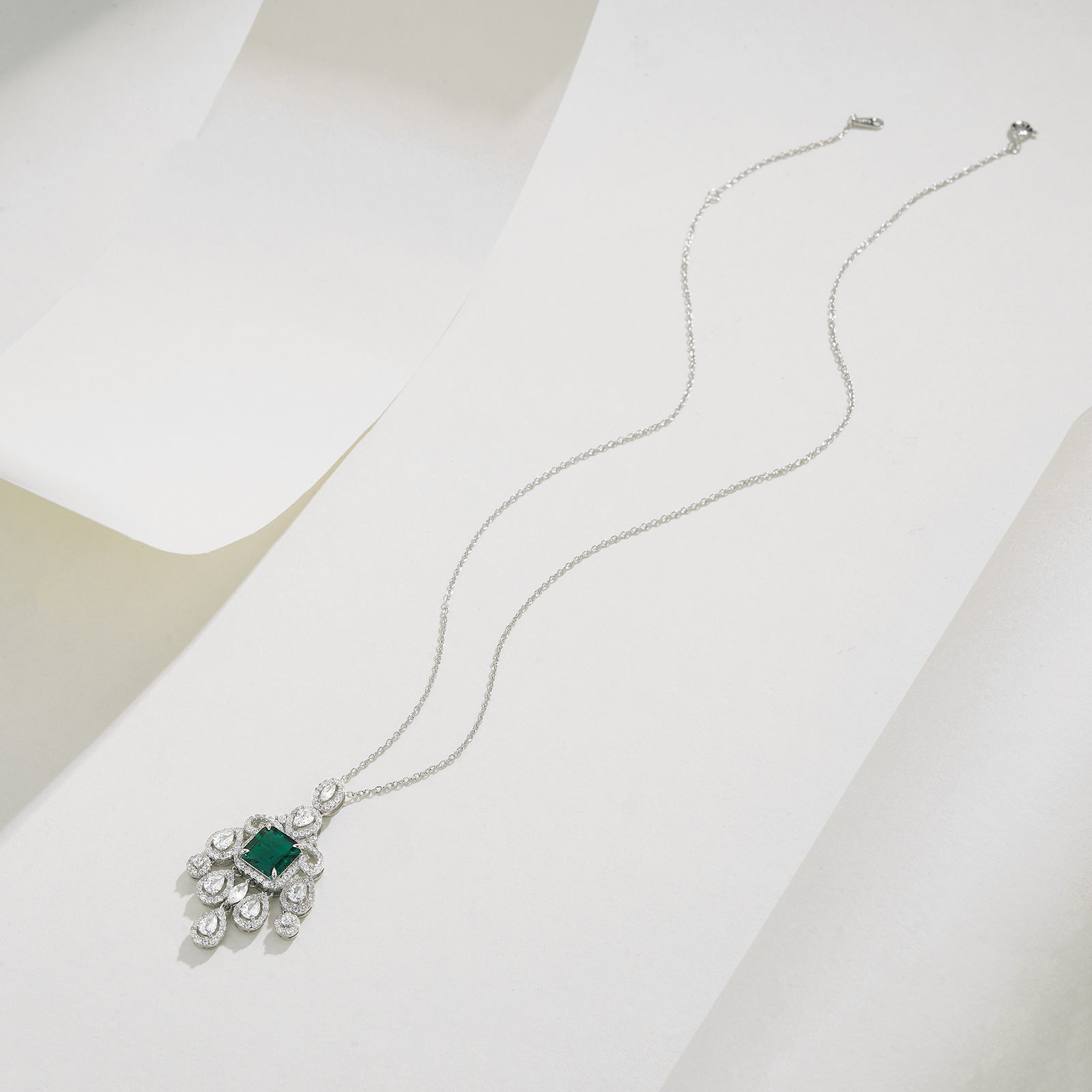 Lab Emerald S925 Necklace, Full Diamond Teardrop - Photo 3