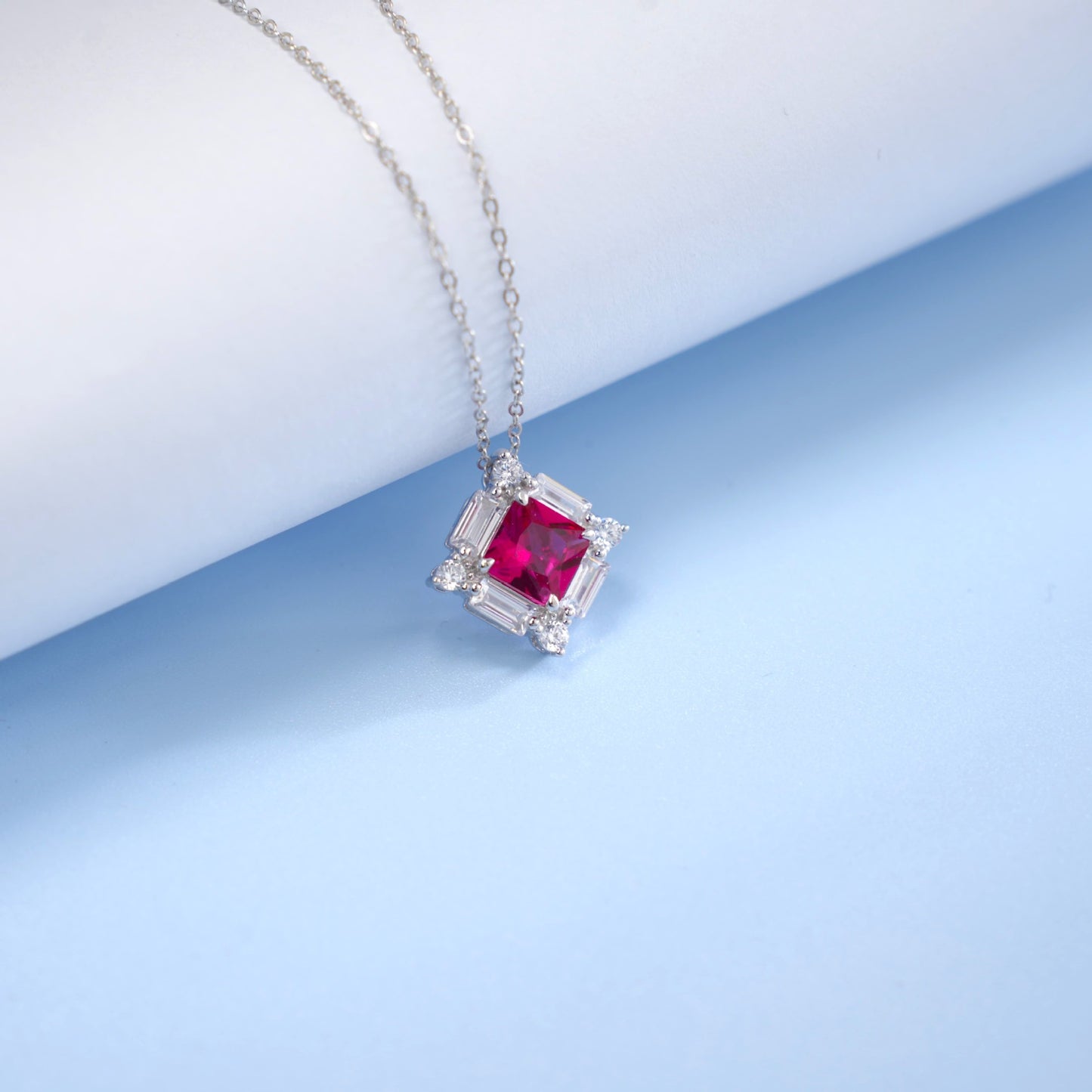 S925 Sterling Silver Square Emerald-Cut Ruby Pendant Necklace, Designer - Photo 4
