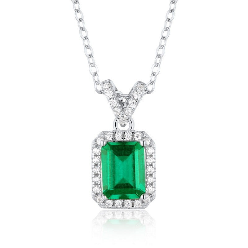 S925 Sterling Silver Classic Square Halo Emerald Necklace, Versatile Vintage Simple - Photo 5
