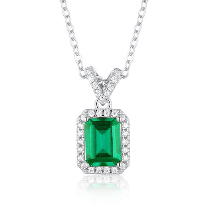 S925 Sterling Silver Classic Square Halo Emerald Necklace, Versatile Vintage Simple - Photo 5
