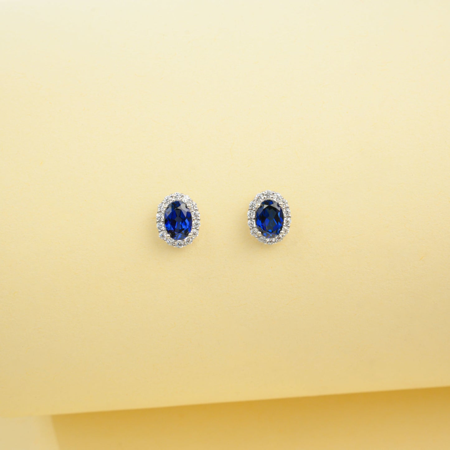 S925 Sterling Silver Oval Lab Sapphire Pave Halo Stud Earrings, Versatile - Photo 4