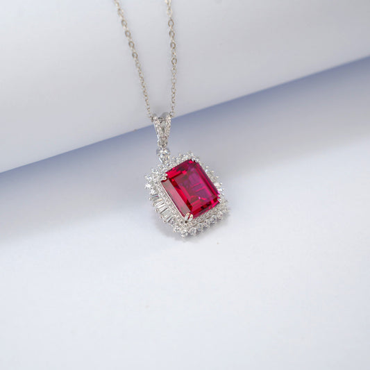 S925 Sterling Silver Lab Pigeon Blood Ruby Halo Pendant Necklace, Vintage Engagement - Photo 3