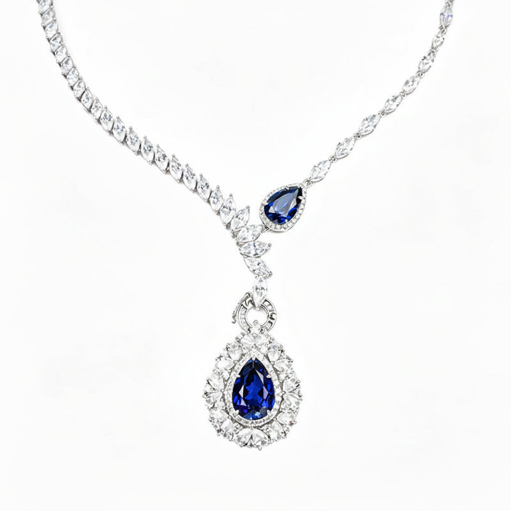 S925 Sterling Silver Lab Sapphire Teardrop Heavy Pave Necklace, Premium Gown - Photo 1