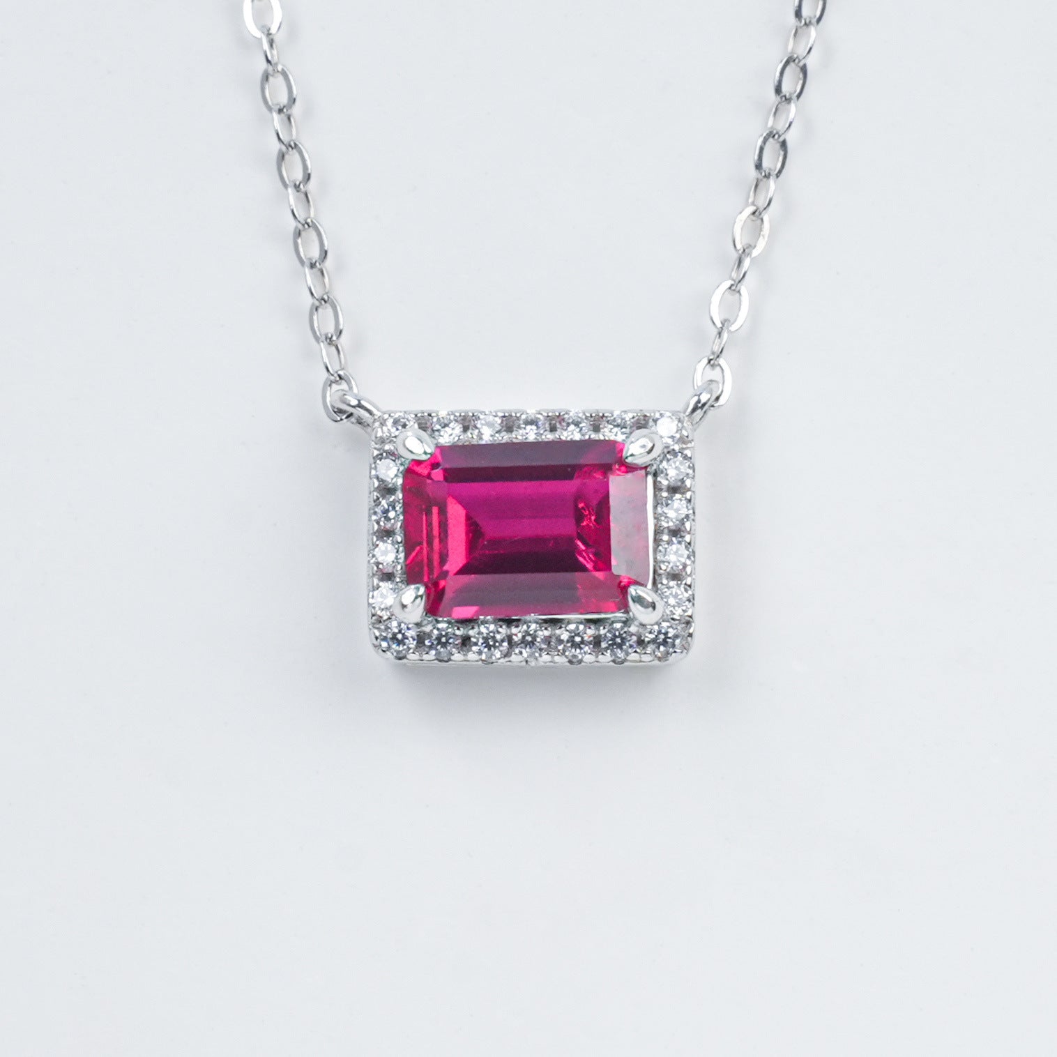Old Money Style Square Lab Ruby Pendant S925 Sterling Silver Diamond Necklace, Premium - Photo 6