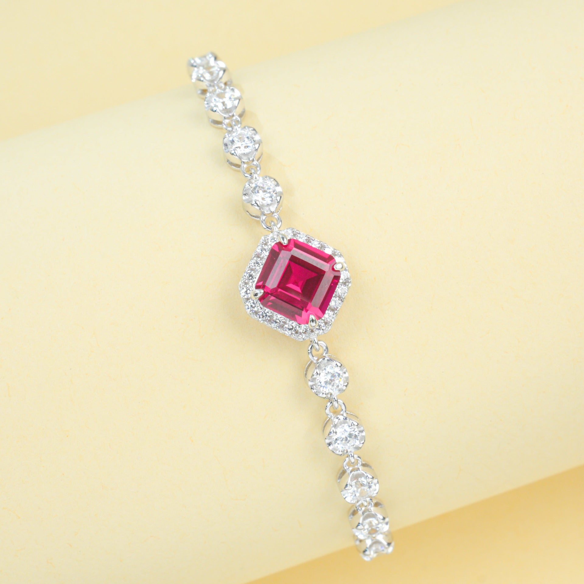 S925 Sterling Silver Lab Ruby Princess-Cut Pave Bracelet, Premium Jewellery - Photo 2