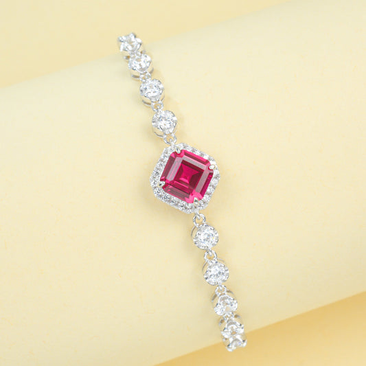 S925 Sterling Silver Lab Ruby Princess-Cut Pave Bracelet, Premium Jewellery - Photo 2