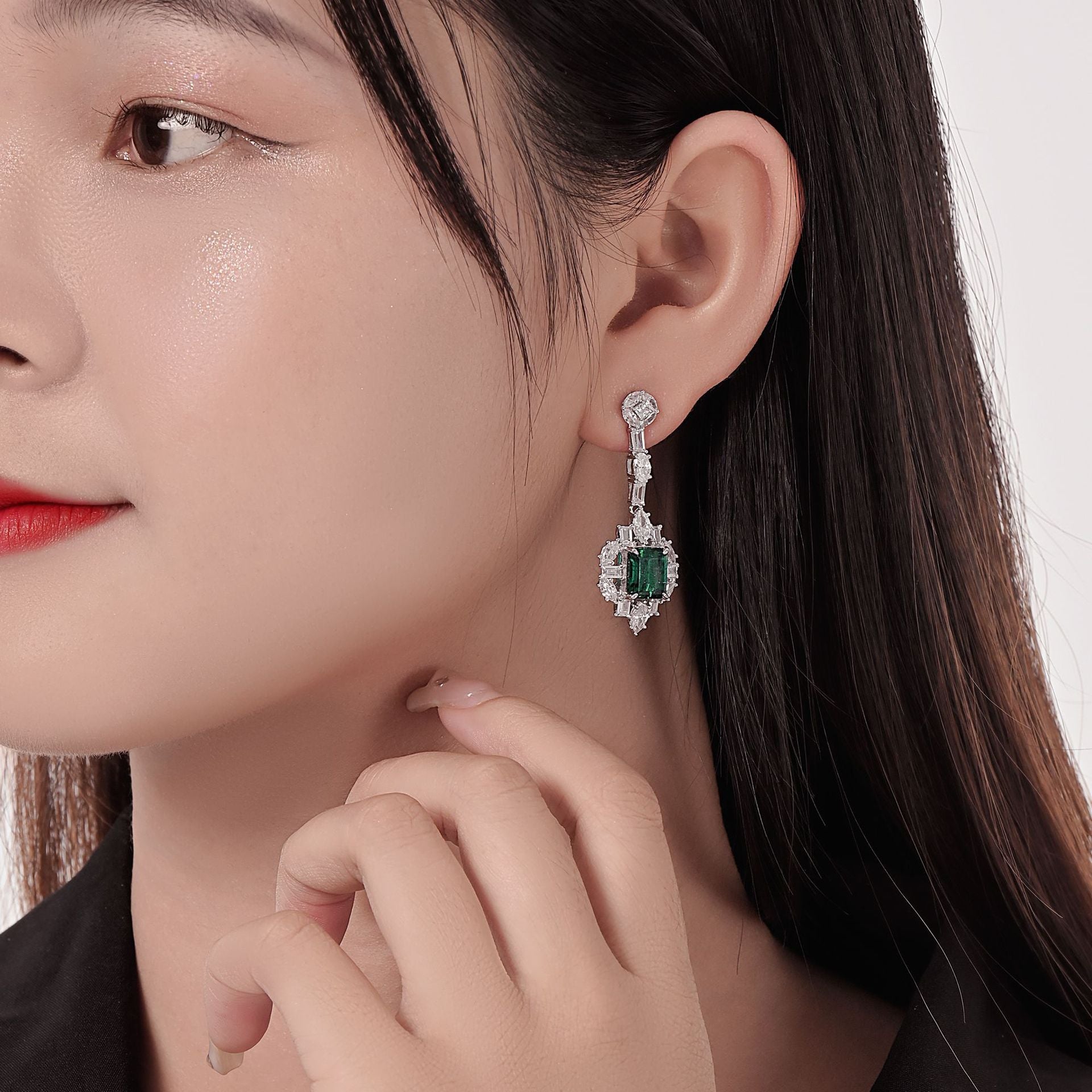S925 Sterling Silver Lab Emerald Drop Earrings, Full Diamond Emerald - Photo 4