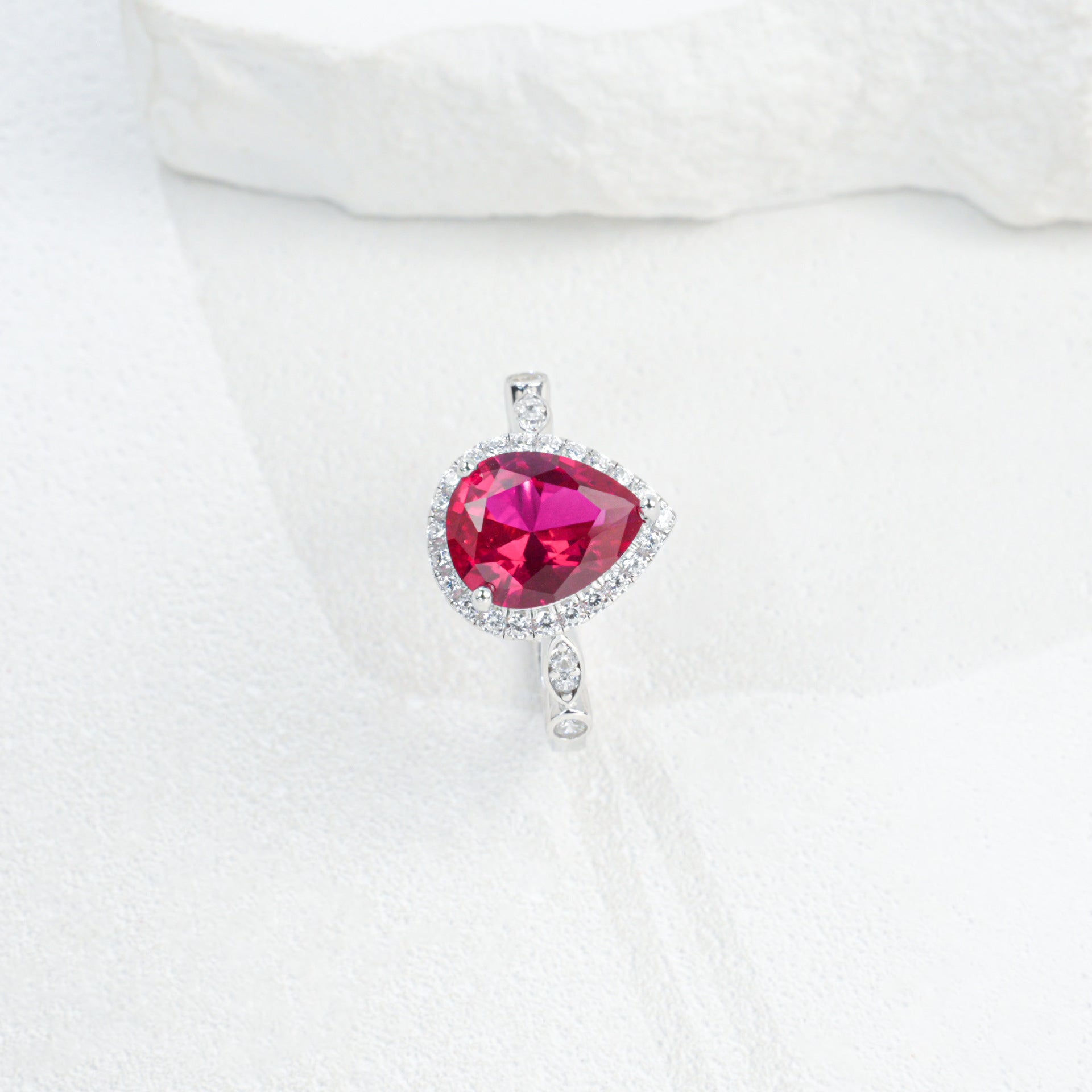Teardrop Lab Ruby Ring 925 Silver Diamond Design, Premium Proposal Engagement - Photo 5