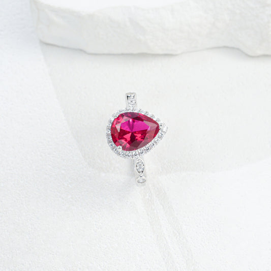 Teardrop Lab Ruby Ring 925 Silver Diamond Design, Premium Proposal Engagement - Photo 5