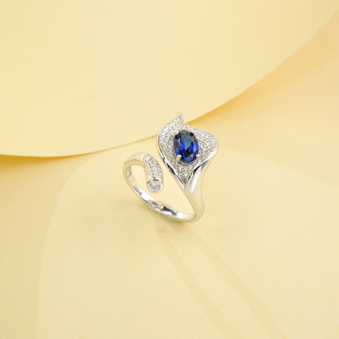 925 Sterling Silver Lab Sapphire Calla Lily Open Pave Ring, Premium for Women - Photo 3