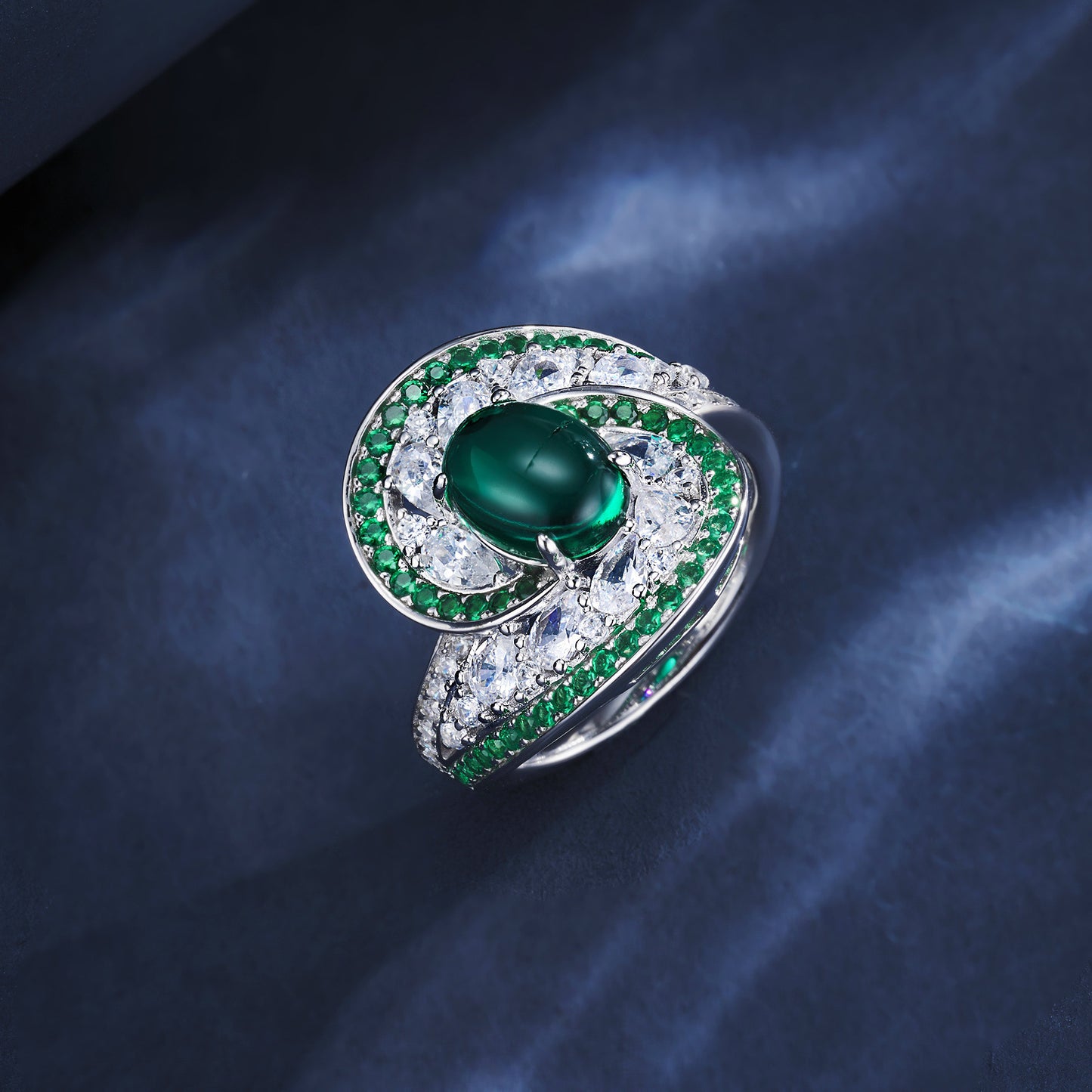 S925 Sterling Silver Emerald Ring Sugarloaf Cabochon Full Diamond Design, Premium - Photo 3