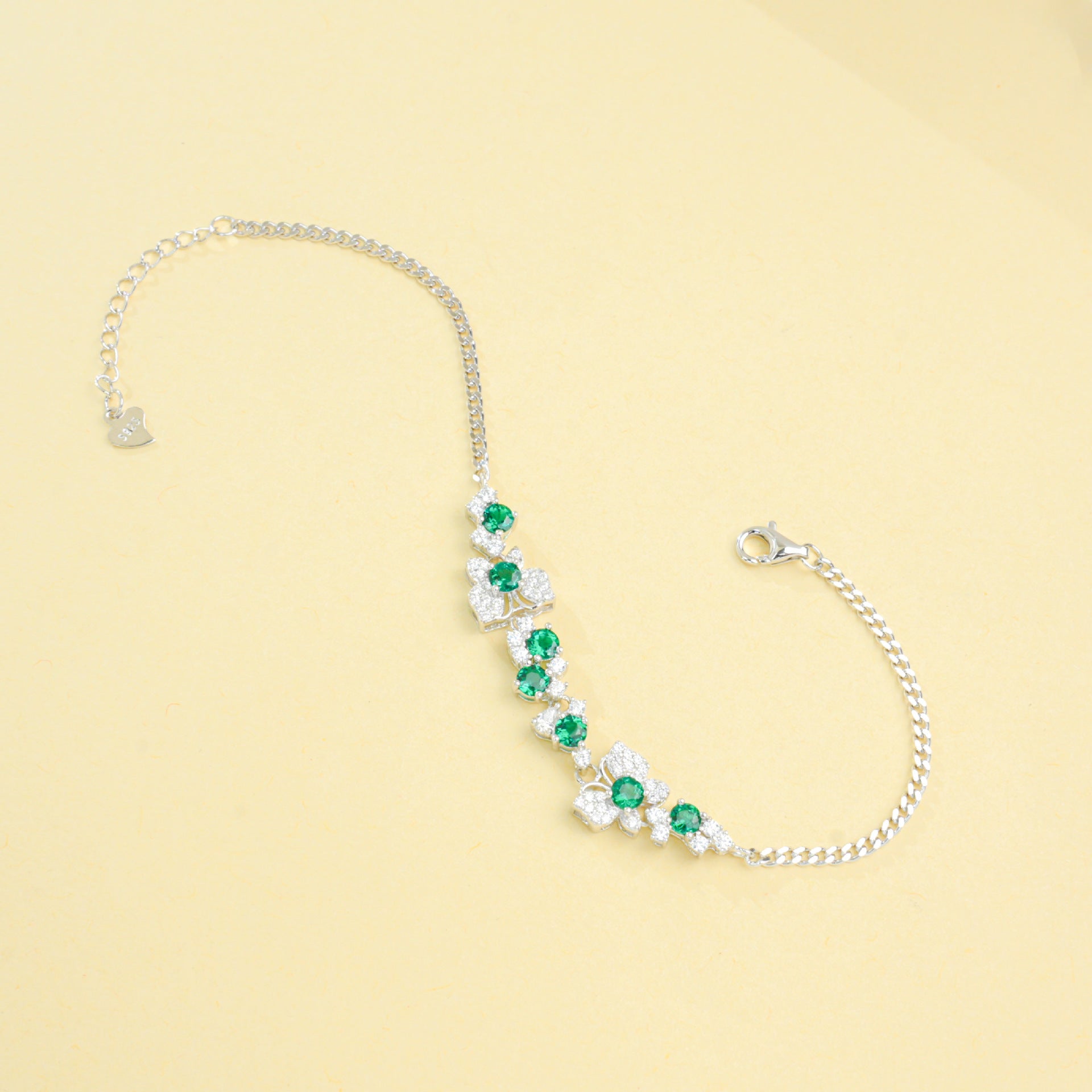 S925 Silver Floral Emerald Bracelet, Vintage Evening Wedding - Photo 4