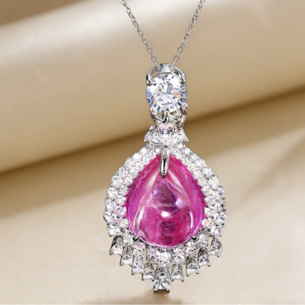 S925 Sterling Silver Lab Pink Ruby Teardrop Pave Pendant Choker Necklace, Premium Elegant - Photo 2