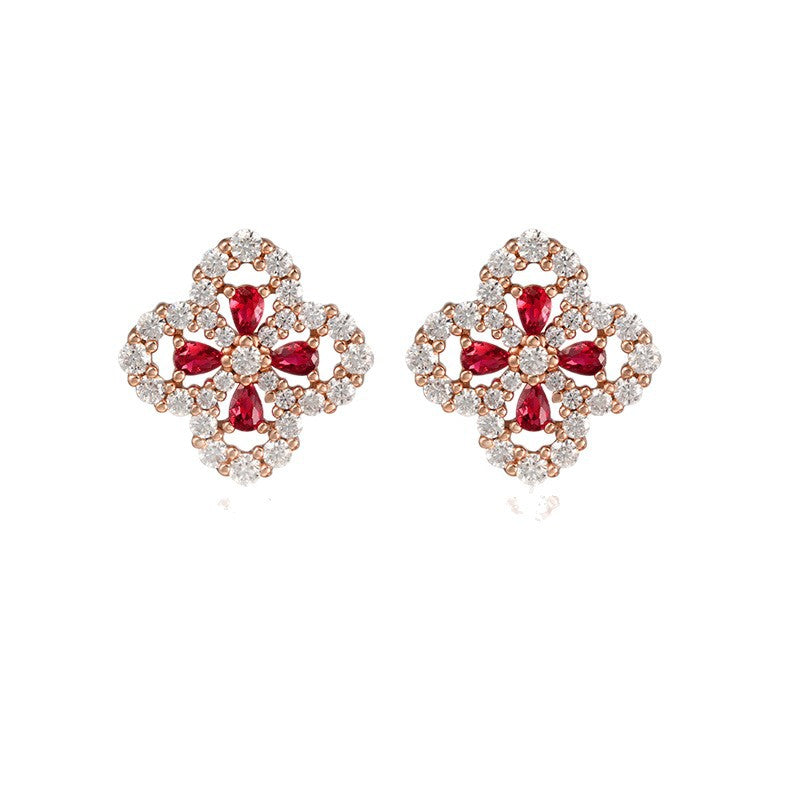 S925 Sterling Silver Rose-Gold Lab Ruby Four-Leaf Clover Pave Earrings, Jewellery for Women - Photo 5