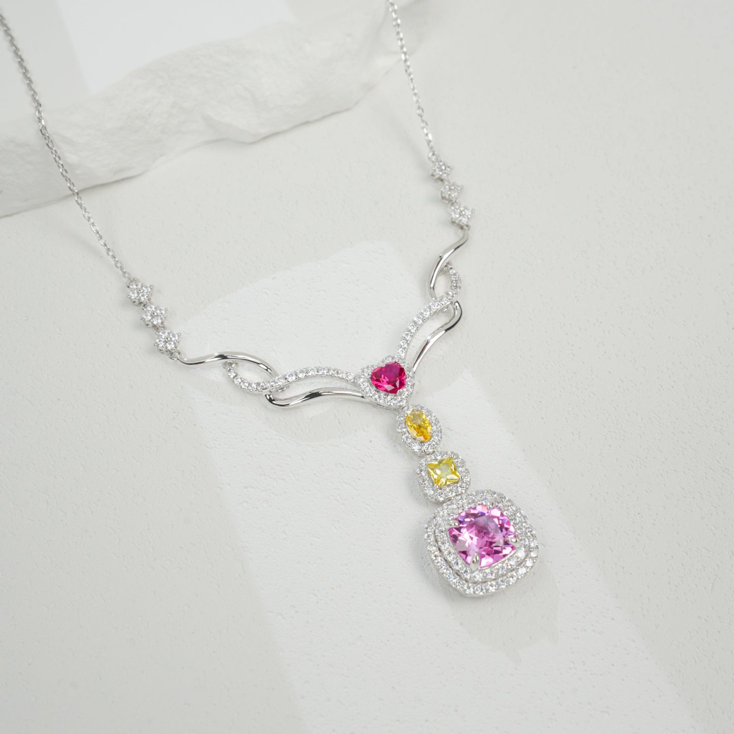 S925 Sterling Silver Square Lab Padparadscha Pendant Necklace, Designer - Photo 3