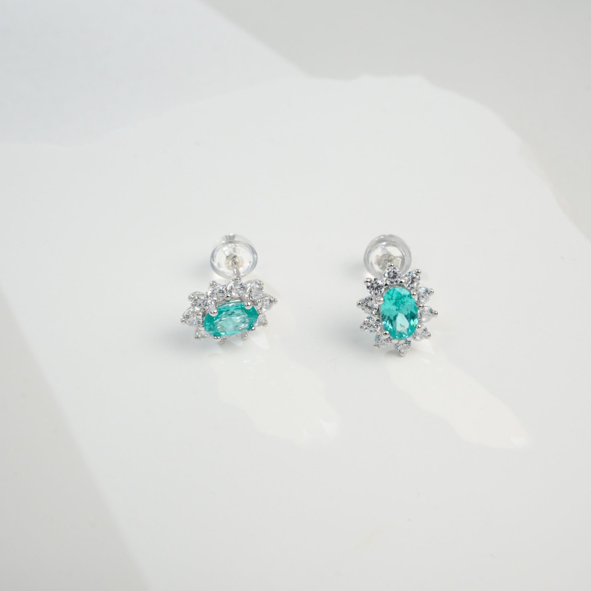 S925 Silver Oval Lab Paraiba Tsavorite Sunflower Halo Stud Earrings, Versatile - Photo 2
